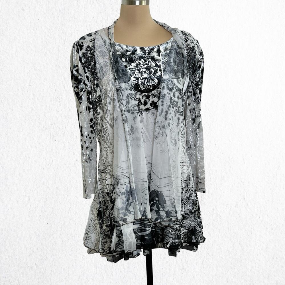 Funsport Lagenlook Tunic Top Y2K Size M Fairycore Sheer Layers Lace Flowy Boho